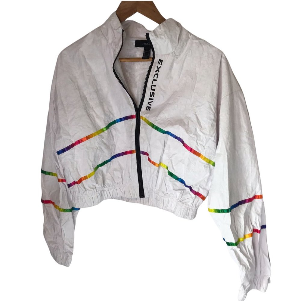 FOREVER 21 Exclusive Rainbow White Full Zip Crop Jacket.  Tyvek Size Women's M.
